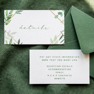 Green leaves, gold border, details wedding enclosure card
