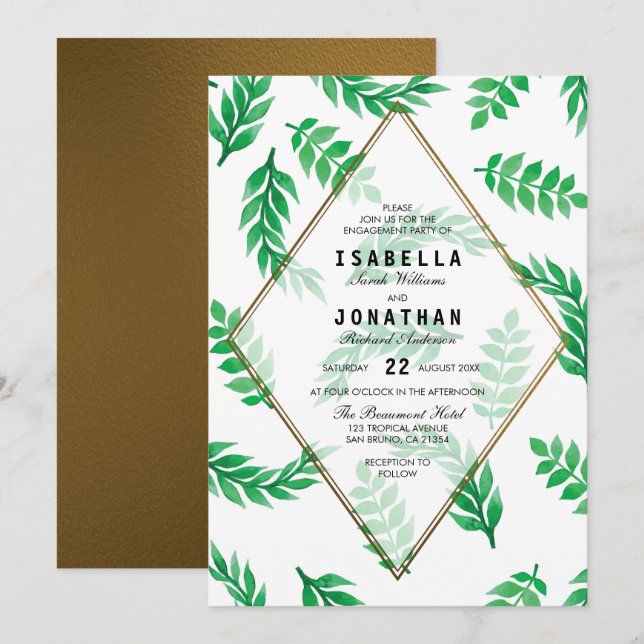 Green Leaves | Gold Floral Engagement Party Invitation (Front/Back)