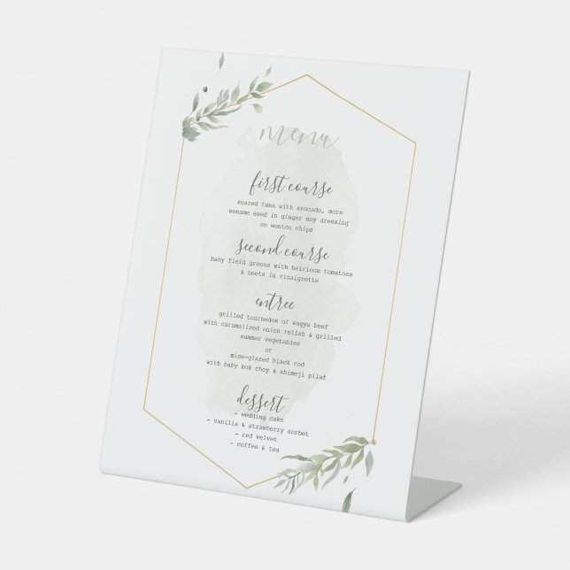 Green Leaves & Gold Frame Wedding Menu Pedestal Sign (Front)
