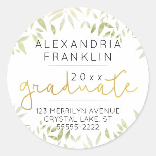 Green Leaves & Gold Script Graduate Return Address Classic Round Sticker