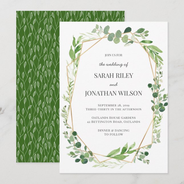 Green leaves gold Terrarium Wedding invitation (Front/Back)