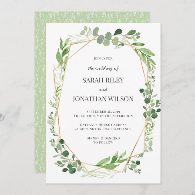 Green leaves gold Terrarium Wedding invitation (Front/Back)