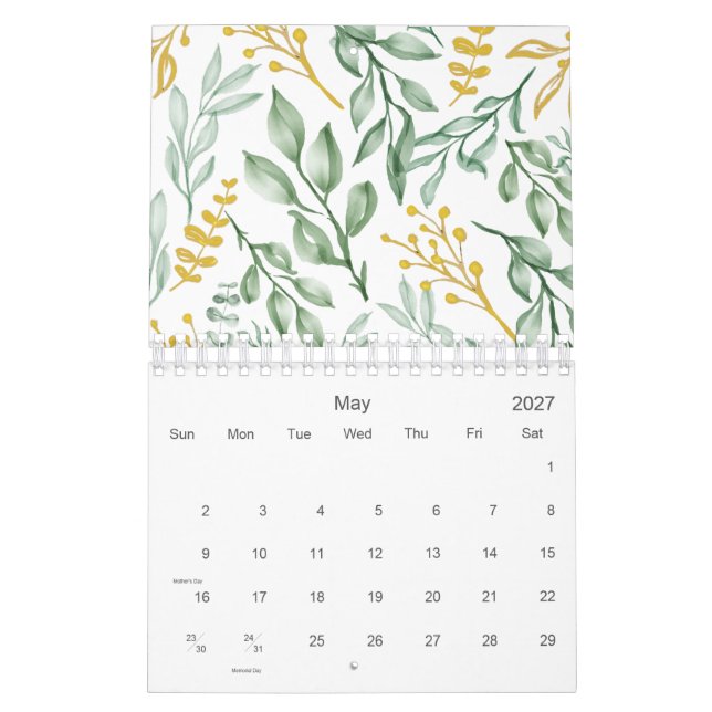 Green Leaves & Golden Yellow Floral 2026 Calendar (May 2027)