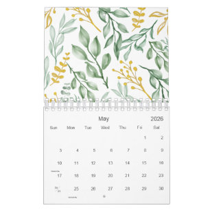 Green Leaves & Golden Yellow Floral 2026 Calendar