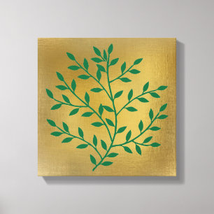 Green leaves green branch on gold canvas print