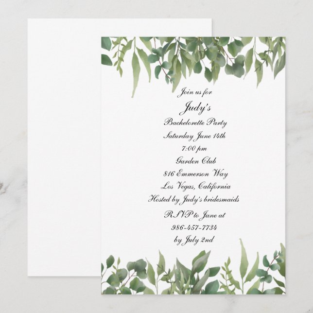 Green Leaves Greenery Foliage Bachelorette Party Invitation (Front/Back)