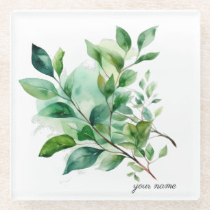Green Leaves in watercolor Coaster