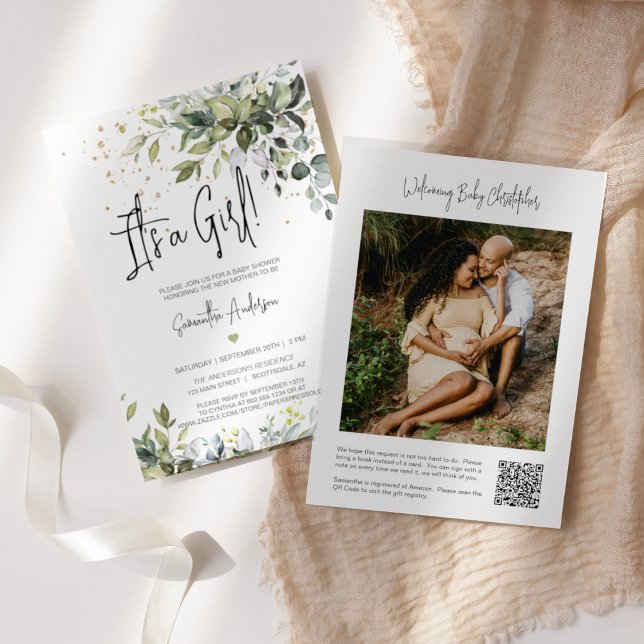 Green Leaves It's a Girl Baby Shower QR Code Photo Invitation (Creator Uploaded)