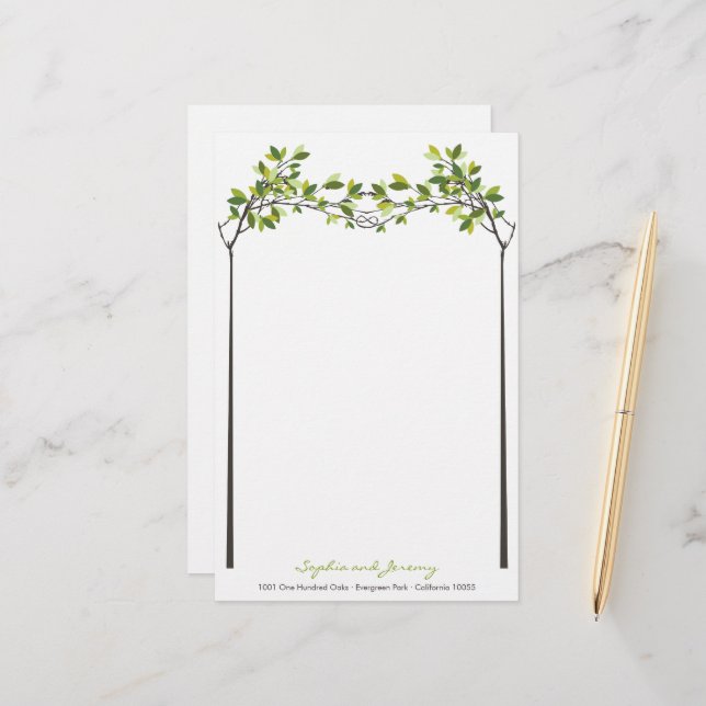 Green Leaves Knotted Love Trees Summer Wedding Stationery (Front/Back In Situ)