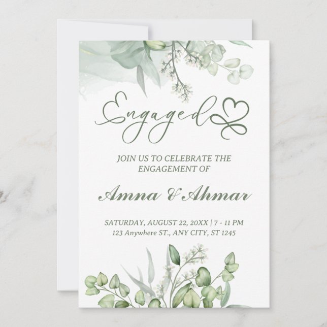 Green Leaves Minimilist Engagement Invitation Card (Front)