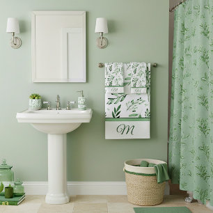 Green leaves monogram bath towel set