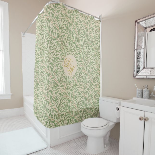 Green Leaves Monogram Morris Foliage Calligraphy Shower Curtain (In Situ)
