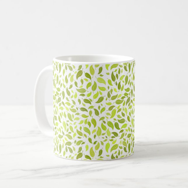 Green Leaves Nature Print, Plant Leaf Pattern Coffee Mug (Front Left)