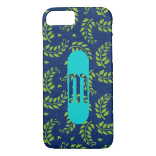 Green Leaves on Blue with Aqua Monogram Samsung or iPhone 8/7 Case