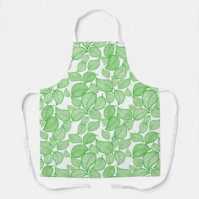 Green Leaves on White All-Over Print Apron (Front)