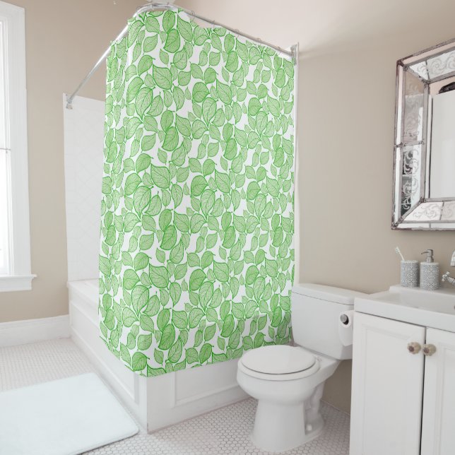 Green Leaves on White Shower Curtain (In Situ)