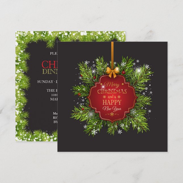 Green Leaves Ornament Christmas Party | Invitation (Front/Back)