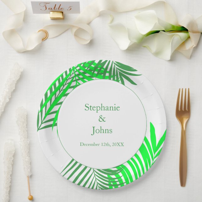 Green Leaves Palm Tree Art Elegant Wedding Paper Plate (Wedding)