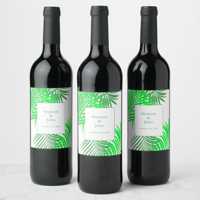 Green Leaves Palm Tree Art Elegant Wedding Wine Label (Bottles)