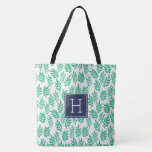 Green Leaves Pattern and Blue Monogram Tote Bag<br><div class="desc">Stylish and chic stripes and monogram design in trendy and fashionable colours.</div>