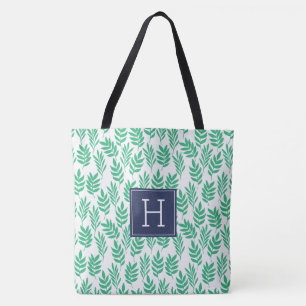 Green Leaves Pattern and Blue Monogram Tote Bag