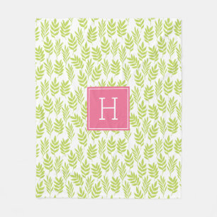 Green Leaves Pattern and Pink Monogram Fleece Blanket