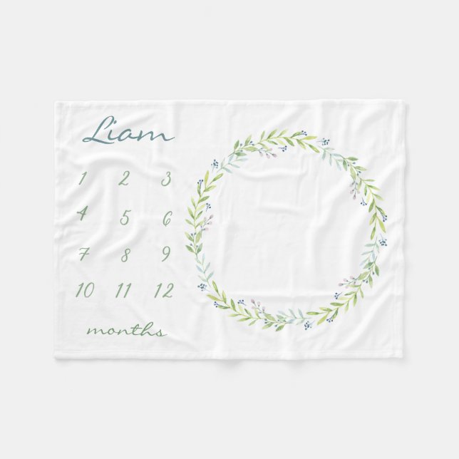 Green leaves Personalised Baby Milestone Photo Fle Fleece Blanket (Front (Horizontal))