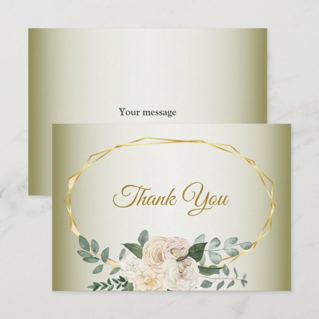 Green Leaves Pink Floral Gold Geometric Wedding Th Thank You Card (Front/Back)