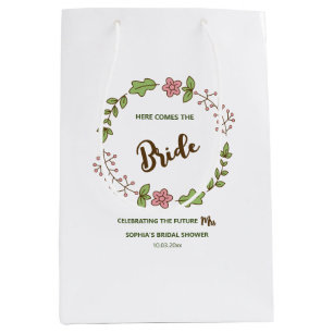 Green Leaves Pink Flower Bridal Shower Medium Gift Bag