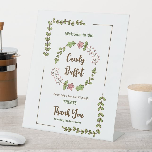 Green Leaves Pink Flower Bridal Shower Pedestal Sign (In SItu)