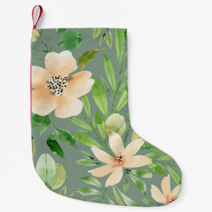 Green Leaves, Pink Flowers: Watercolor. Small Christmas Stocking