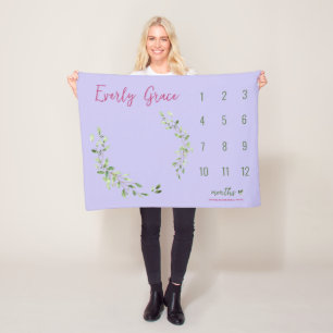 Green Leaves purple Custom Baby girl milestone  Fleece Blanket
