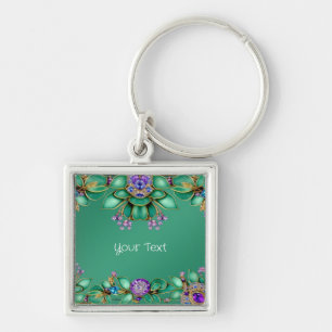Green Leaves Purple Gemstones Keychain