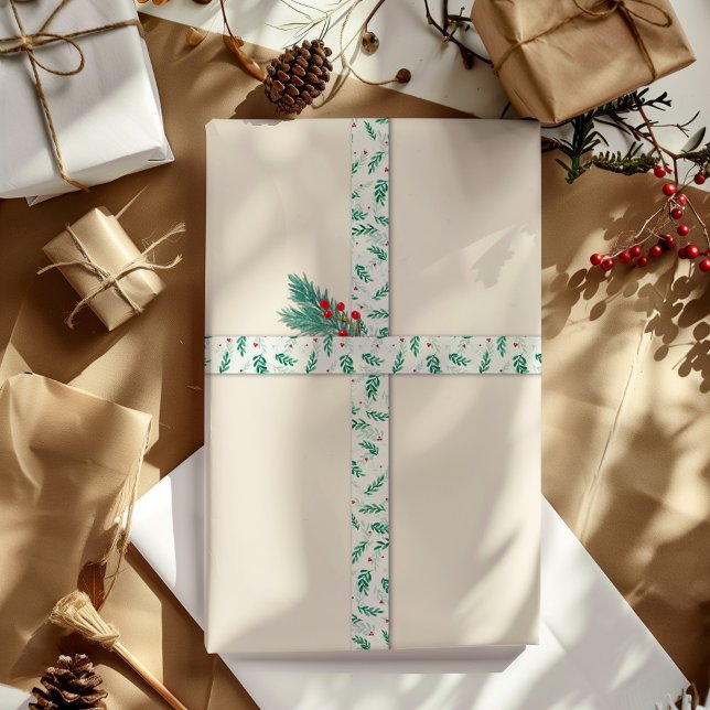 Green Leaves & Red Berries Christmas Pattern White Satin Ribbon (Creator Uploaded)