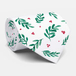 Green Leaves & Red Berries Christmas Pattern White Tie<br><div class="desc">White Christmas tie printed with watercolor green leaves and red berries. Perfect Christmas gift for a winter,  woodland and rustic style enthusiast.</div>