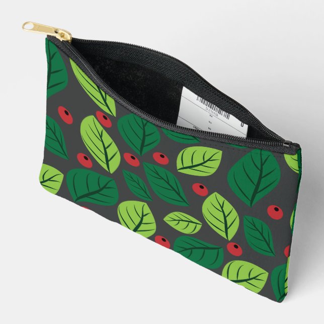 Green Leaves, Red Berries, Pattern Of Leaves Accessory Pouch (Open)