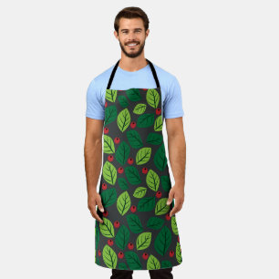 Green Leaves, Red Berries, Pattern Of Leaves Apron