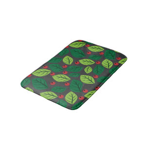 Green Leaves, Red Berries, Pattern Of Leaves Bath Mat