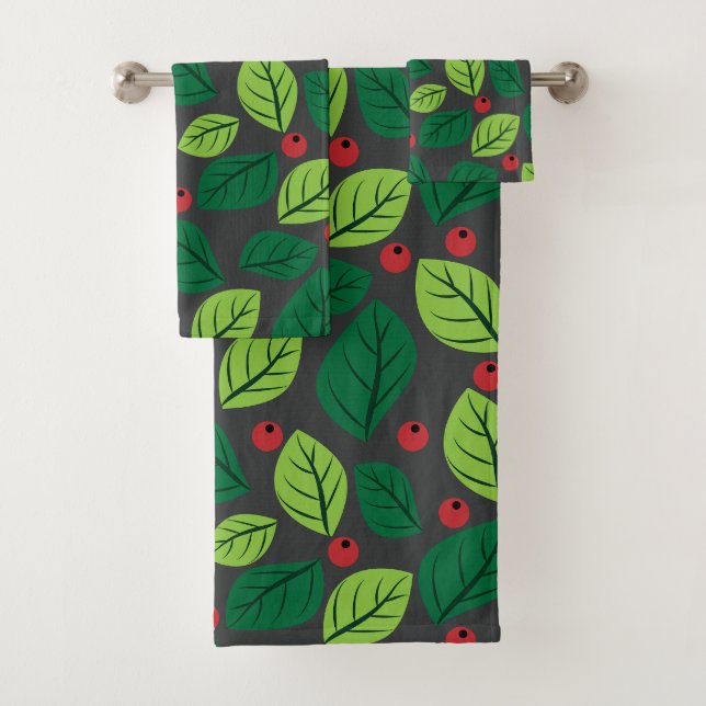 Green Leaves, Red Berries, Pattern Of Leaves Bath Towel Set (Insitu)