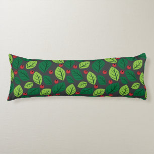 Green Leaves, Red Berries, Pattern Of Leaves Body Cushion