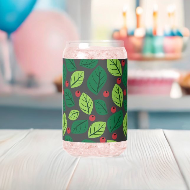 Green Leaves, Red Berries, Pattern Of Leaves Can Glass (Insitu (Baby Shower))