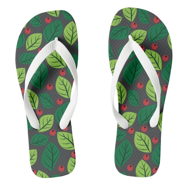 Green Leaves, Red Berries, Pattern Of Leaves Flip Flops (Footbed)