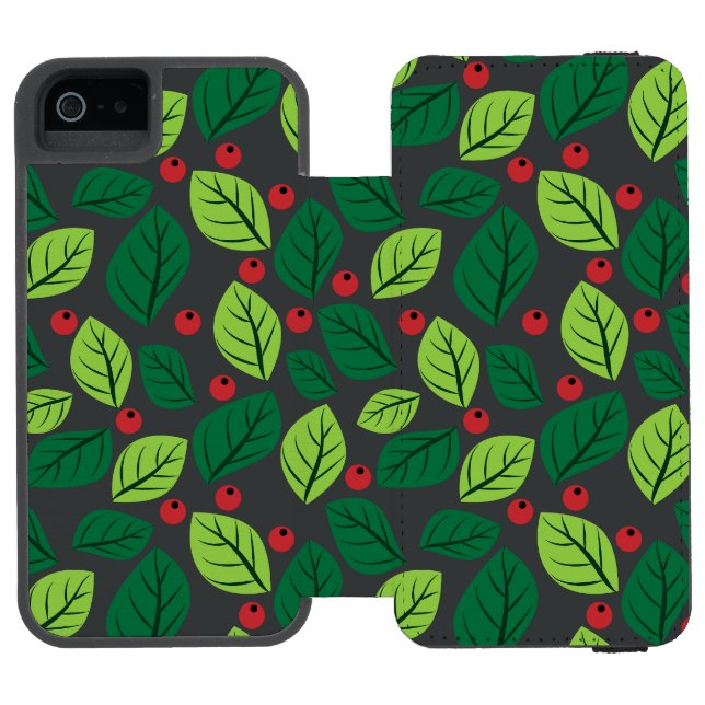 Green Leaves, Red Berries, Pattern Of Leaves Incipio iPhone Wallet Case (Folio Open)