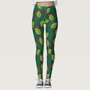 Green Leaves, Red Berries, Pattern Of Leaves Leggings