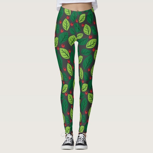 Green Leaves, Red Berries, Pattern Of Leaves Leggings (Front)