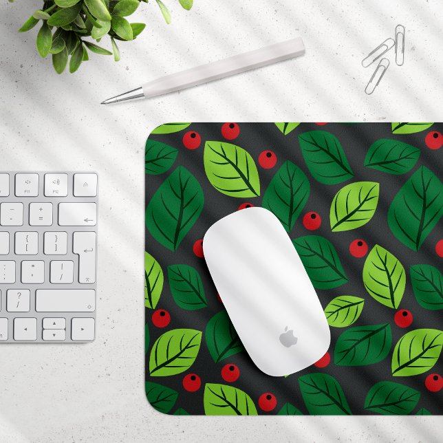 Green Leaves, Red Berries, Pattern Of Leaves Mouse Mat (Creator Uploaded)