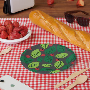 Green Leaves, Red Berries, Pattern Of Leaves Paper Plate