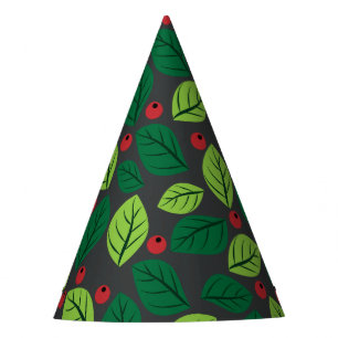 Green Leaves, Red Berries, Pattern Of Leaves Party Hat
