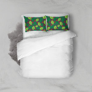 Green Leaves, Red Berries, Pattern Of Leaves Pillowcase