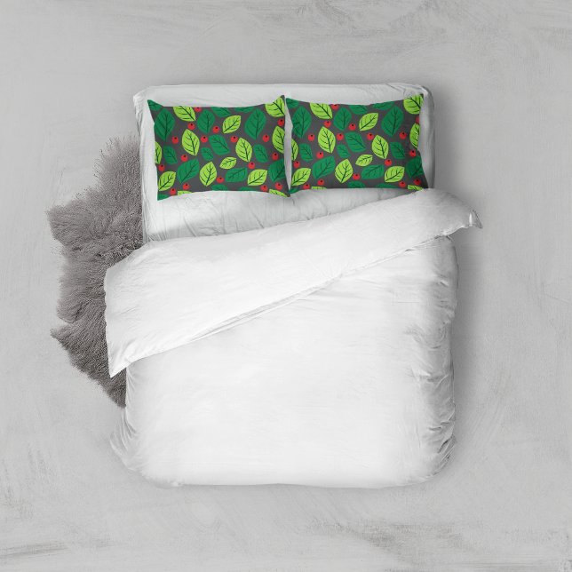 Green Leaves, Red Berries, Pattern Of Leaves Pillowcase (Creator Uploaded)